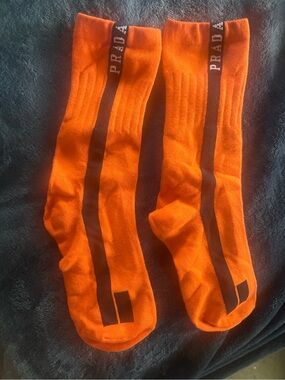 Prada Bright Orange Crew Socks with Black Stripe